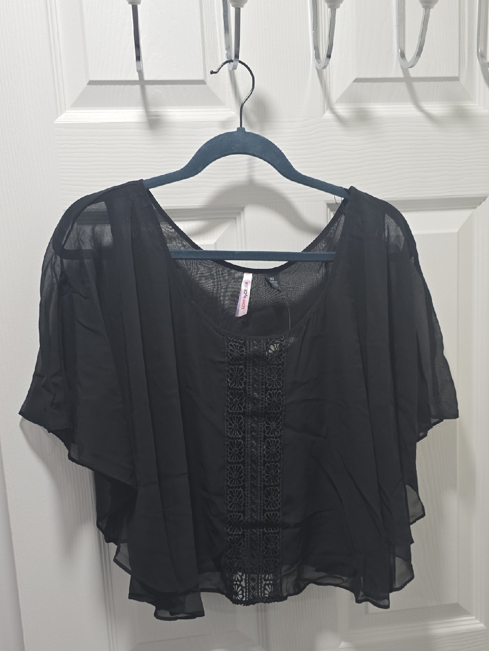 Love By Design Black Sheer Crochet-Front Flutter Top